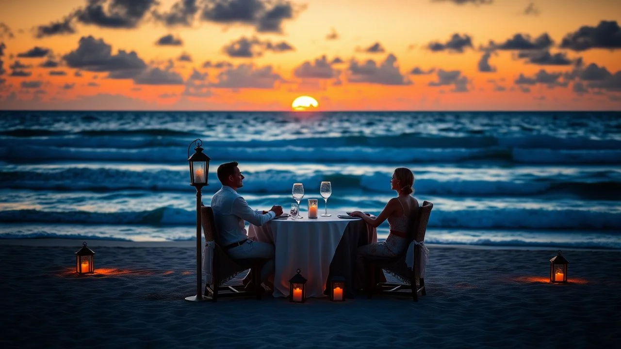Private beach dining setup at sunset