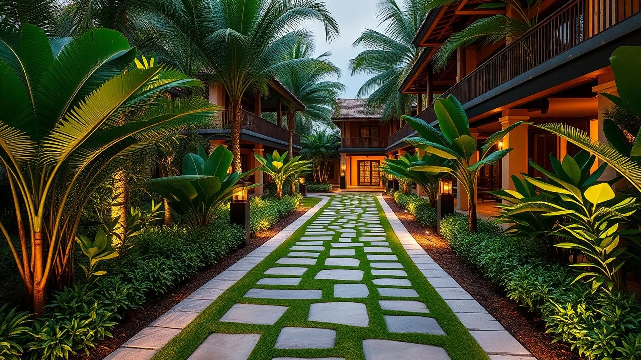 Tropical pathway leading to villas