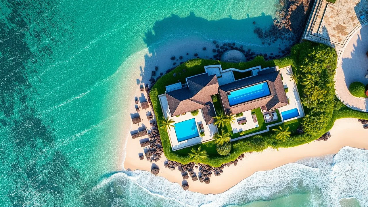 Aerial view of beachfront resort with pools, villas, and shoreline