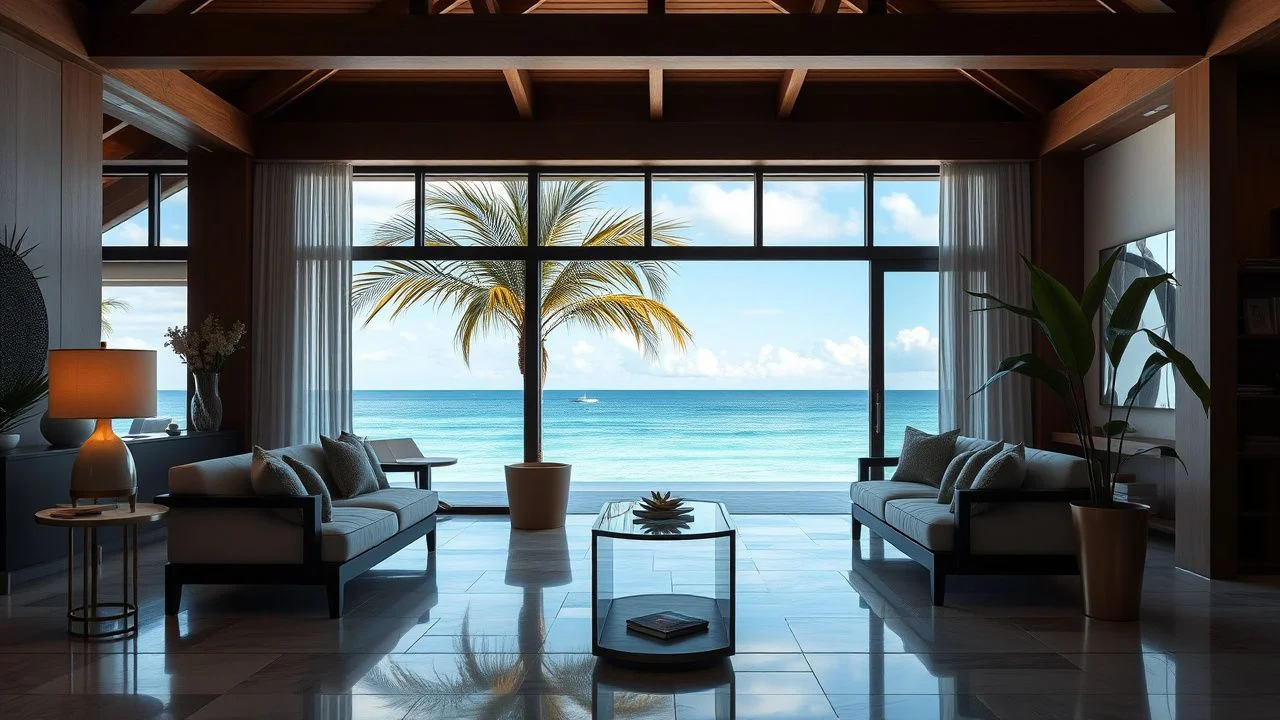 Open-air lounge with designer seating and ocean breeze ambiance